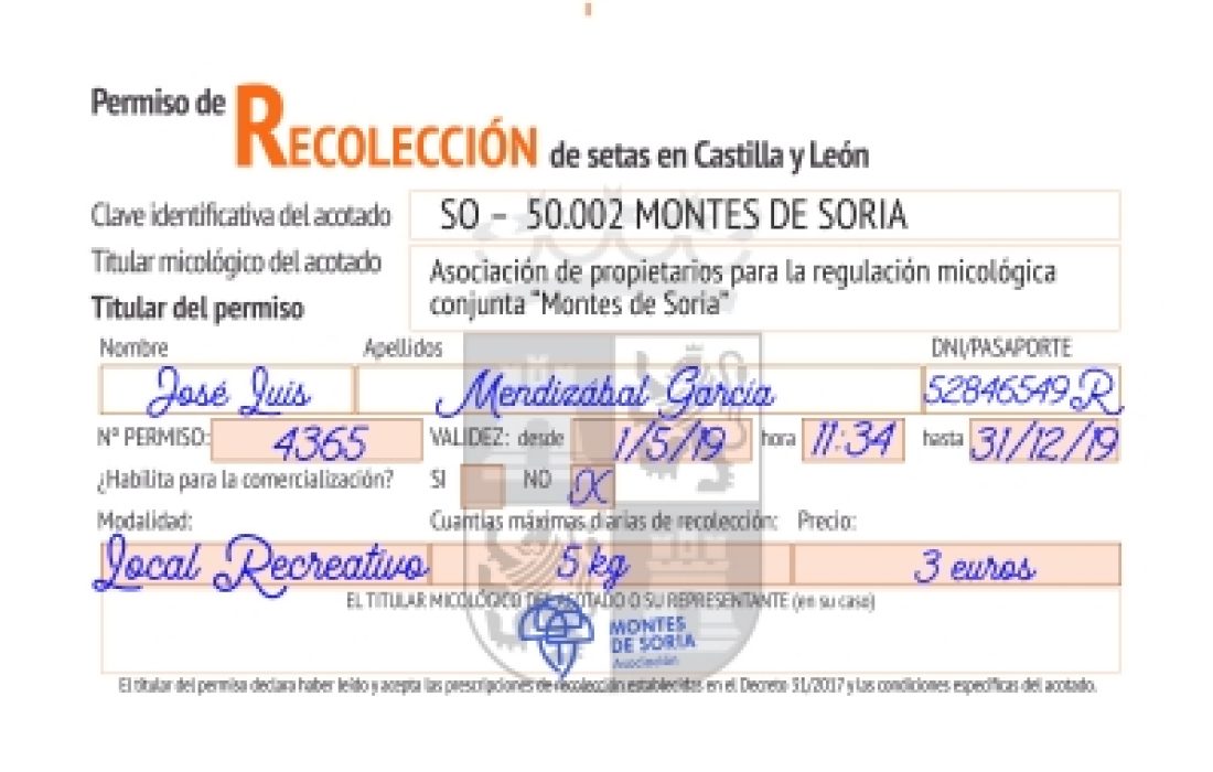 Permiso recoleccion de setas. Tursoria